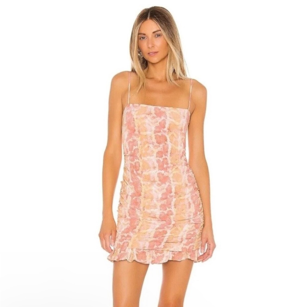 M12 LOVERS +‎ FRIENDS Emmett pink snakeskin print ruched ruffle mini dress